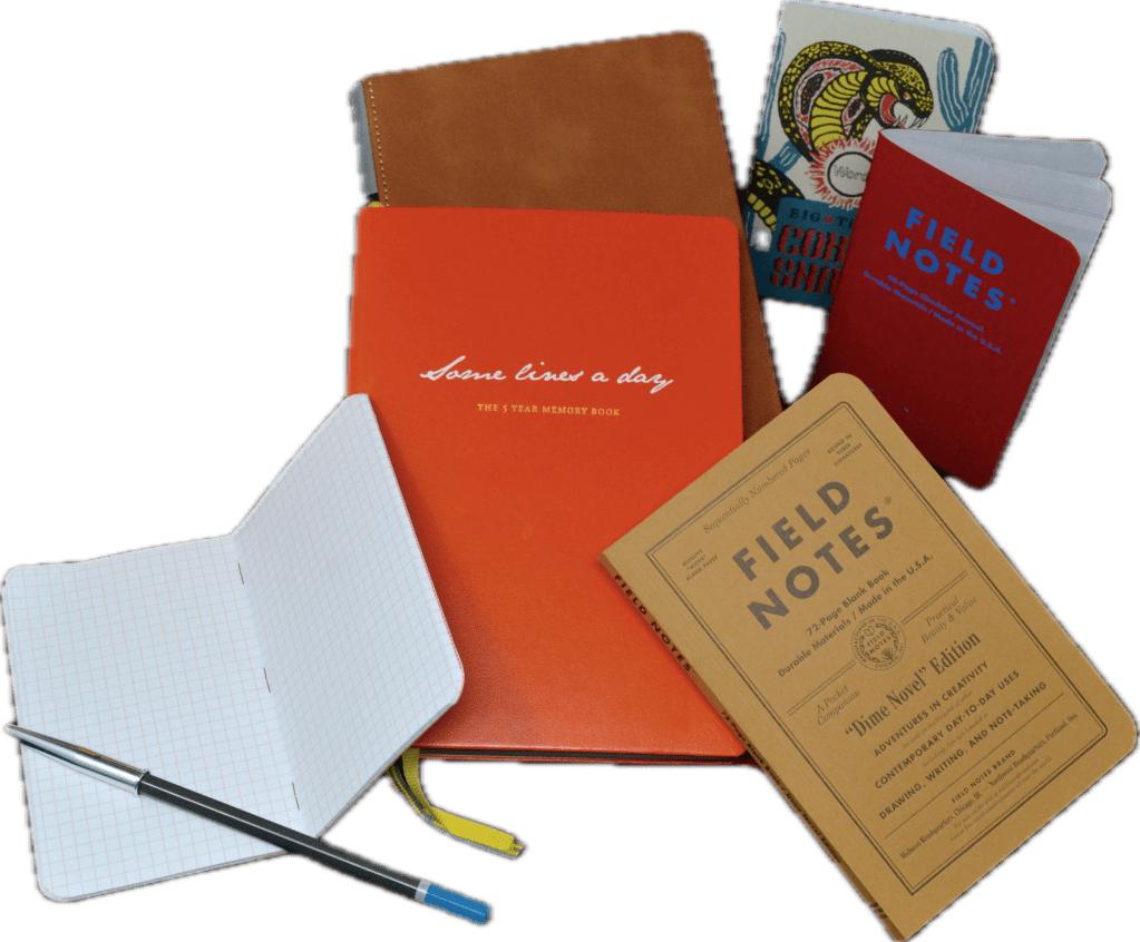 Field notebooks from my collection. A notebook lays open with a pencil lying across the paper.