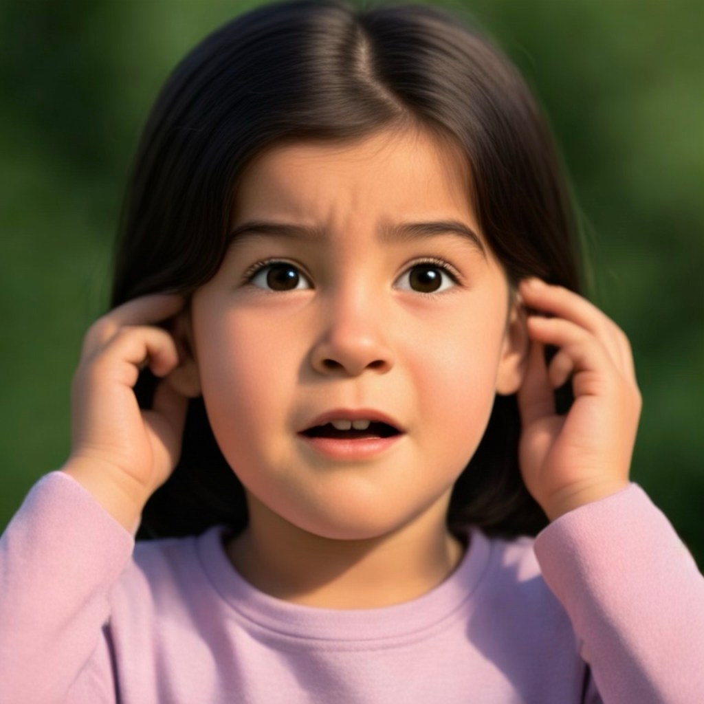 Child holding her ears because her surroundings are too loud. The child’s face shows discomfort and displeasure.