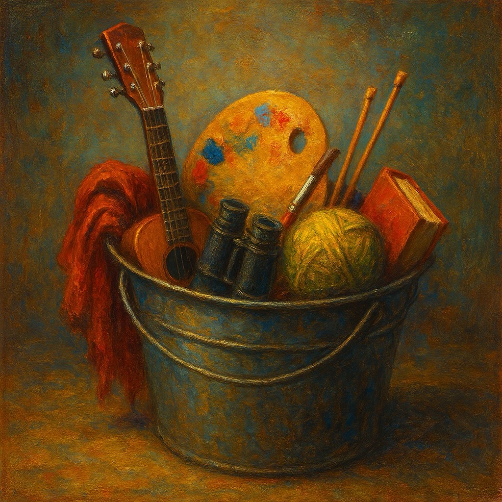 The photo is an oil painting of a bucket full of items one might use for ones hobbies. Such as a guitar, binoculars, yarn and knitting needles, a book, a palette of paint and a paint brush. 
